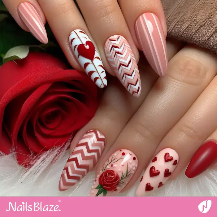 Subtle Herringbone and Striped Nails with Hearts and a Rose | Valentine Nails - NB2748